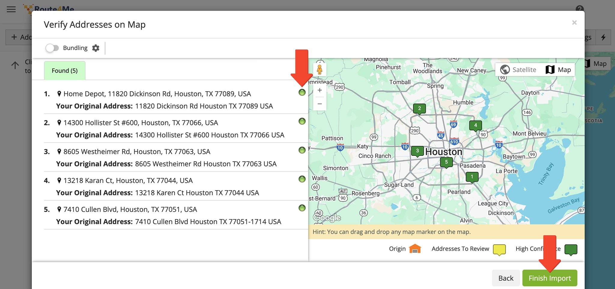 fter uploading your file, review addresses in the 'Verify Addresses on Map' window, where green dots indicate successful geocoding and yellow dots signal the need for corrections.