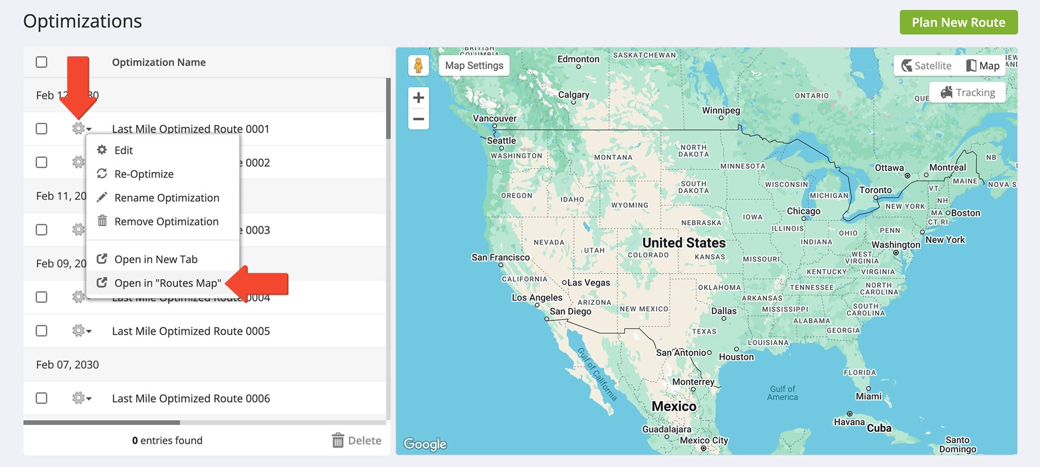 Open an optimization in the Routes Map by right-clicking the Gear Icon and selecting 'Open in Routes Map' to view associated routes.