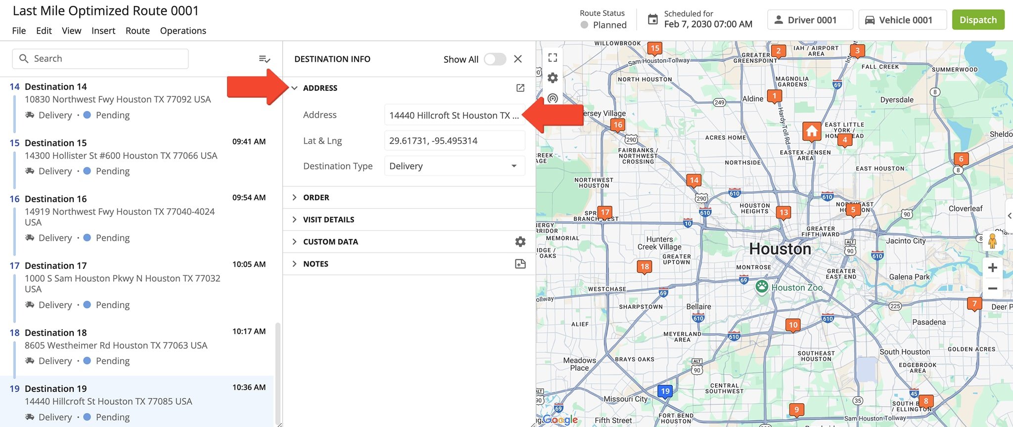 Insert an address into an optimized route and verify its coordinates. Modify the address directly in the Destinations List if needed.