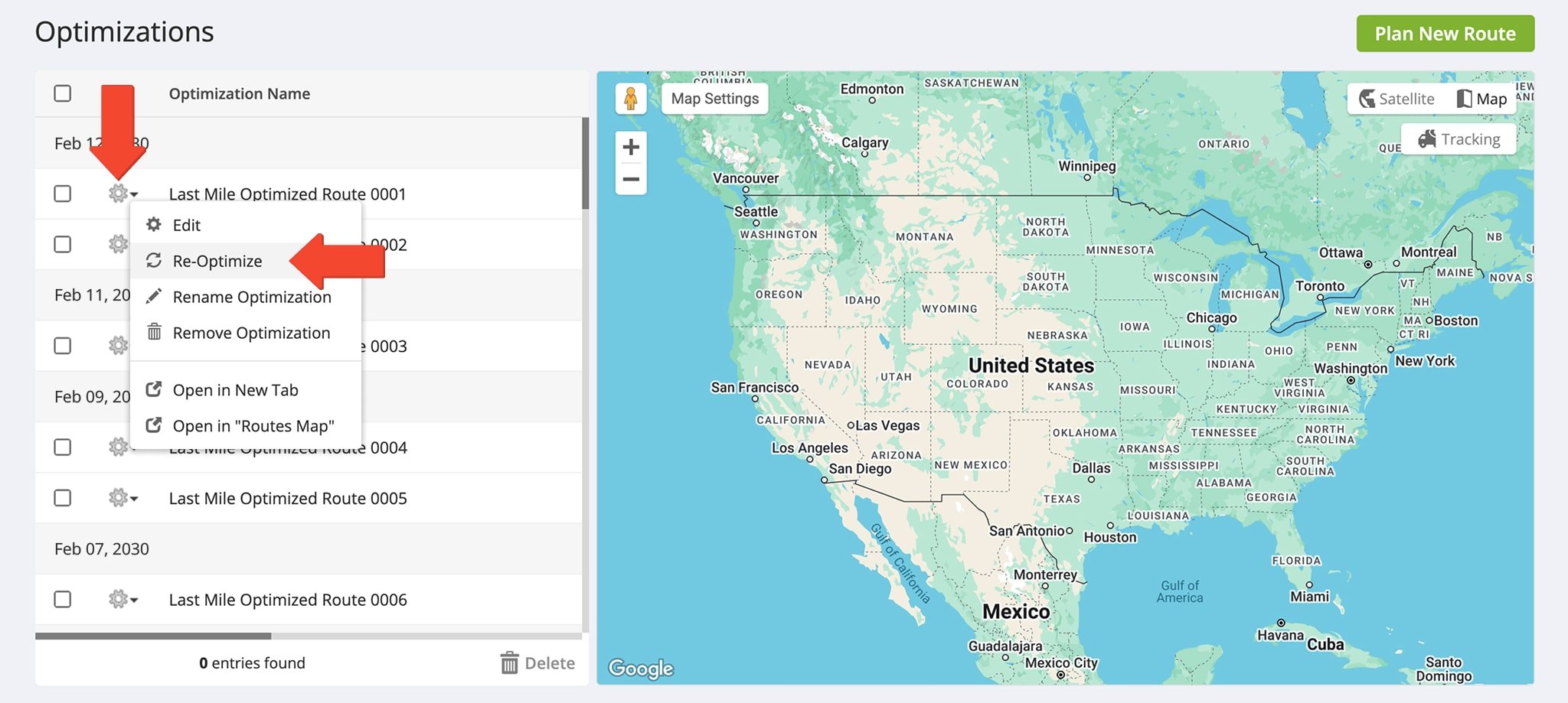 Re-optimize Optimizations to refresh, apply updates, or restore deleted routes by selecting 'Re-Optimize' from the Gear Icon menu.