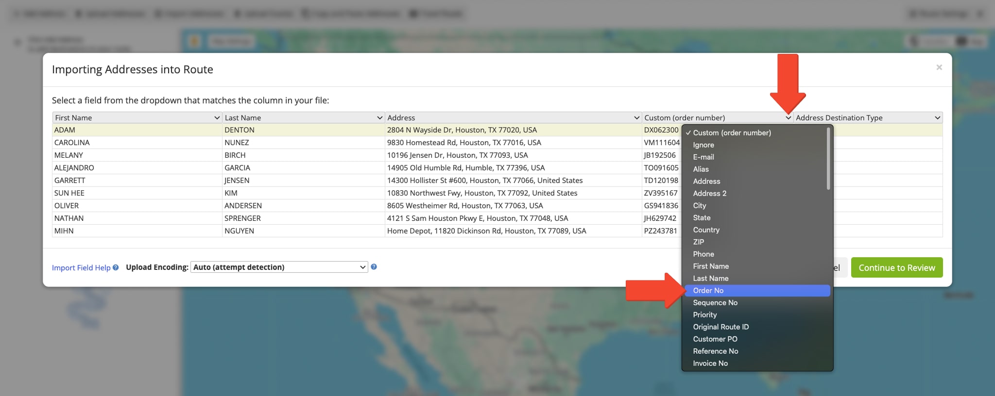 Route4Me automatically verifies FedEx data columns. In some cases, a field or column may not be recognized by the system. If that happens, Route4Me enables you to easily adjust column mapping by clicking the arrow.