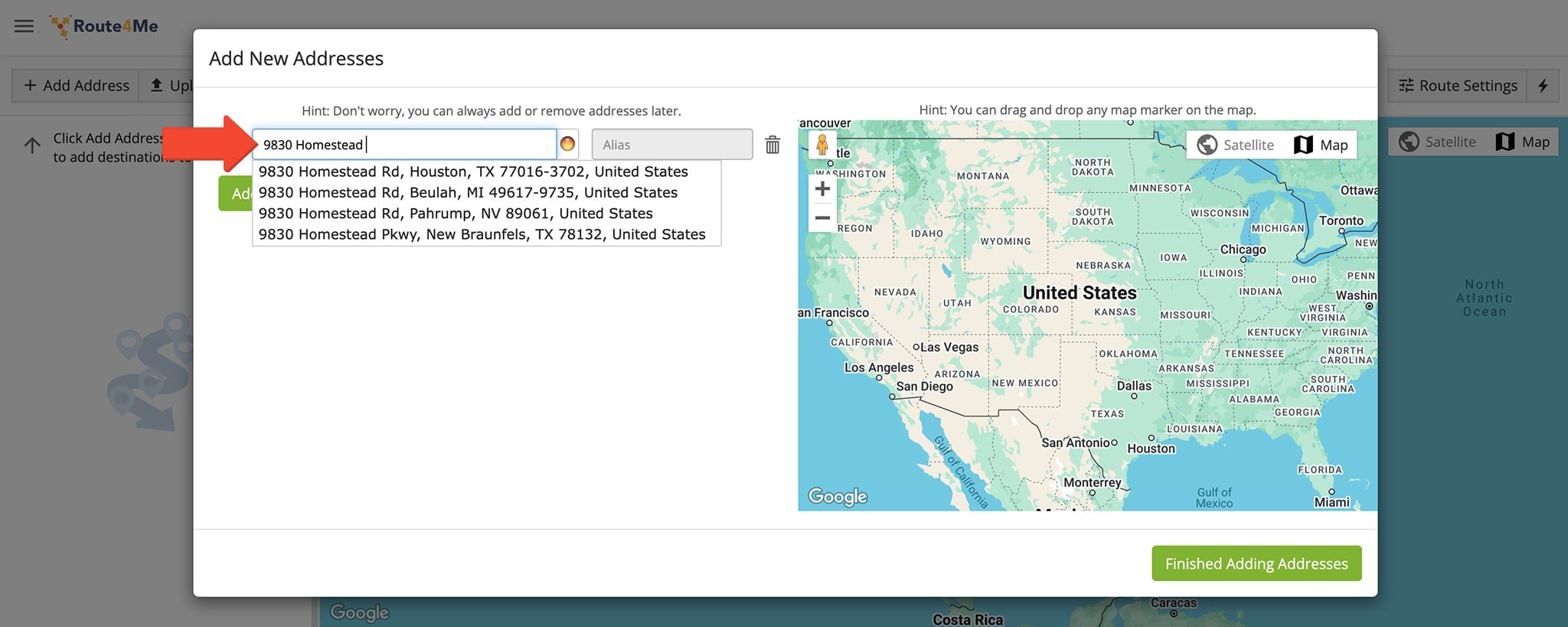 Manually verify and select geocoded addresses in the Route Planner by typing into the Address Search, with suggested matches for faster planning.