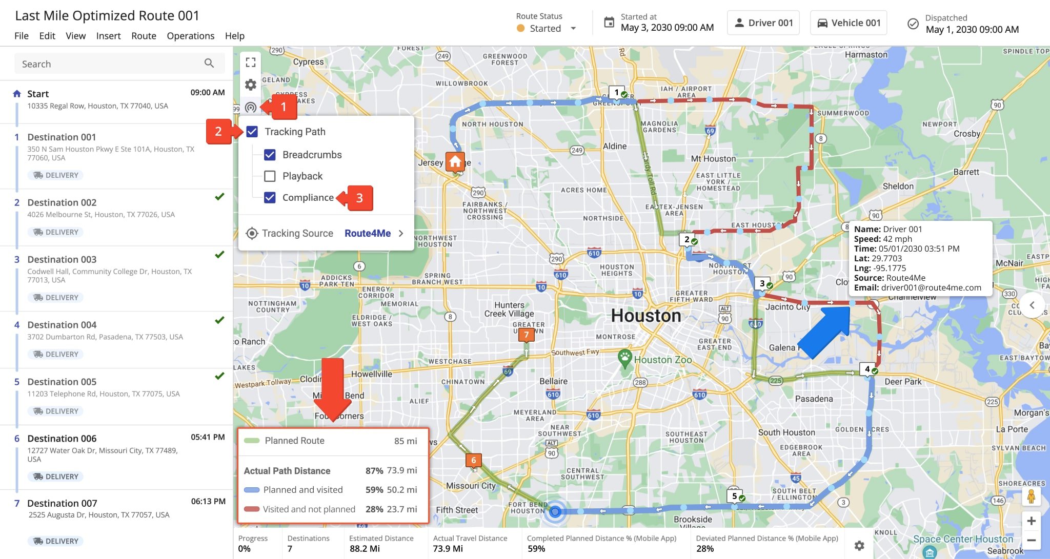 By tracking deviations and detours, you can ensure drivers stay out of Avoidance Zones, comply with optimization settings like avoiding left turns, save fuel, and complete routes with maximum efficiency and compliance.