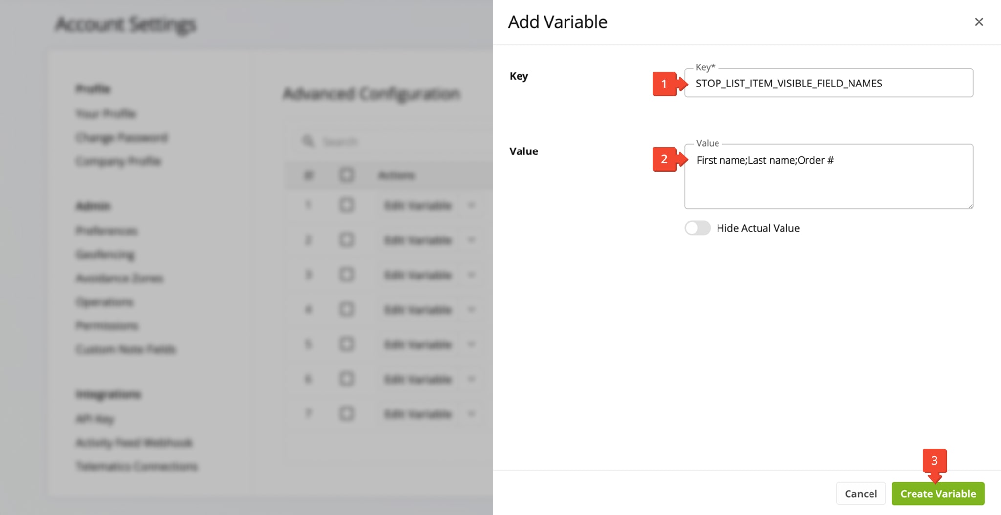 The STOP_LIST_ITEM_VISIBLE_FIELD_NAMES configuration is for adding user-friendly names to your destination data fields.