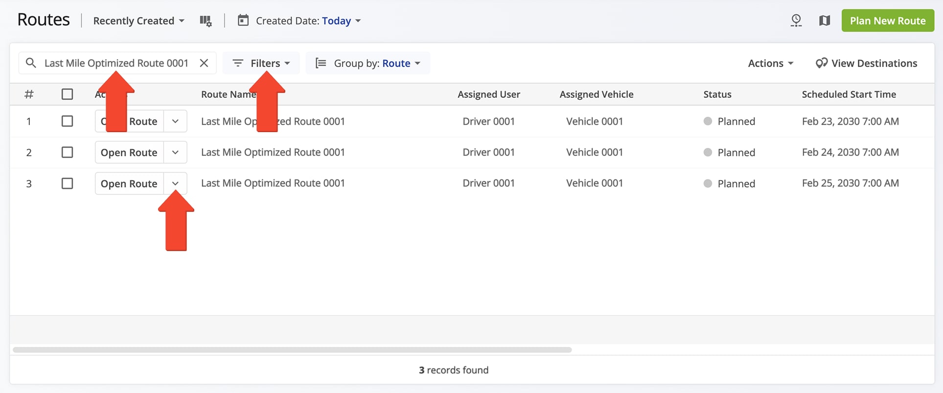 From your Routes List, view all Recurring Routes or search by Master Route name to find a specific one.