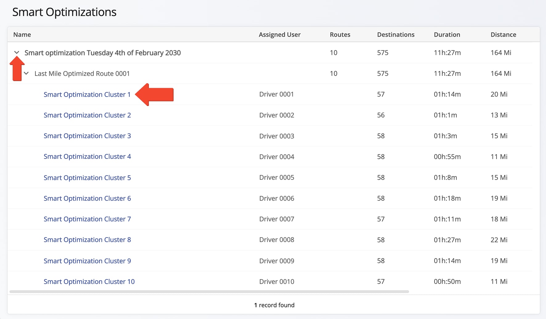 Each Smart Optimization is automatically named by its creation date. Click the Arrow Icon next to the name to open the associated route.