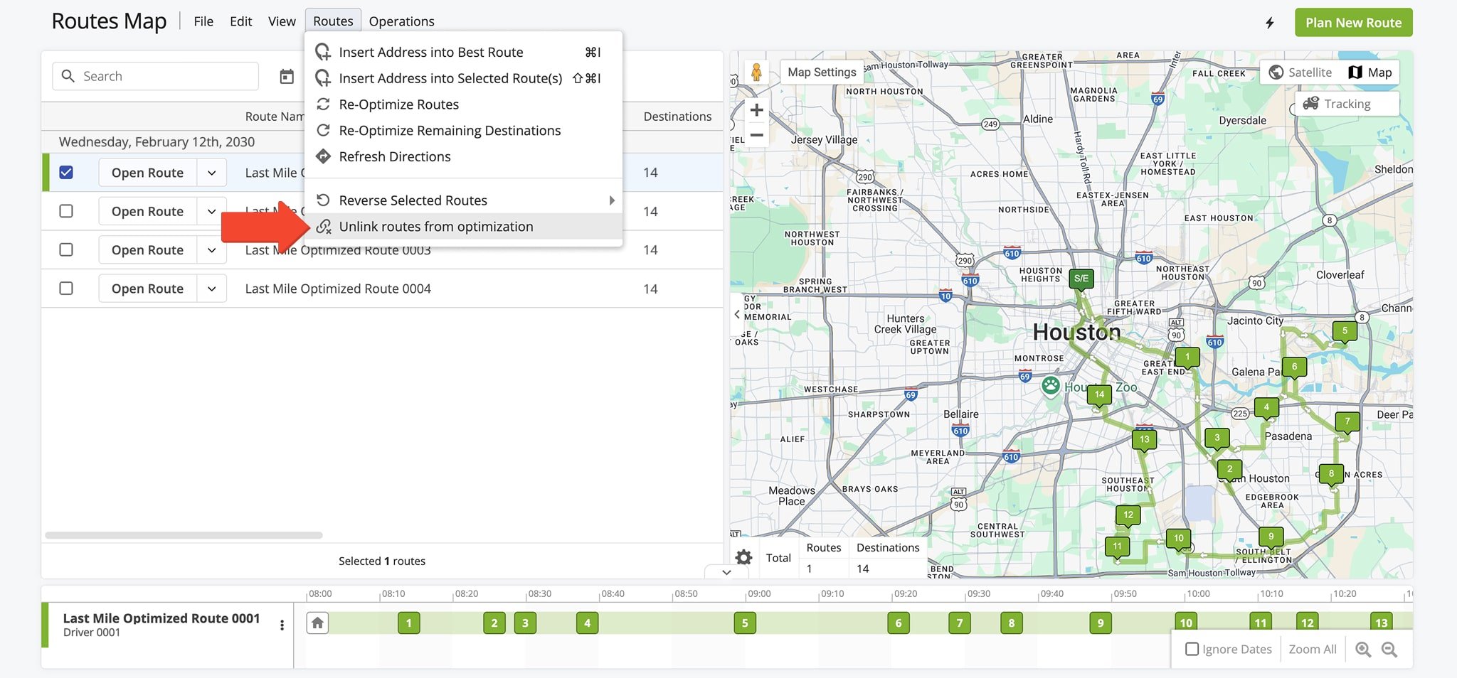 Unlink a route from an optimization by checking the box next to the route and selecting 'Unlink Routes from Optimization' in the Routes Menu.