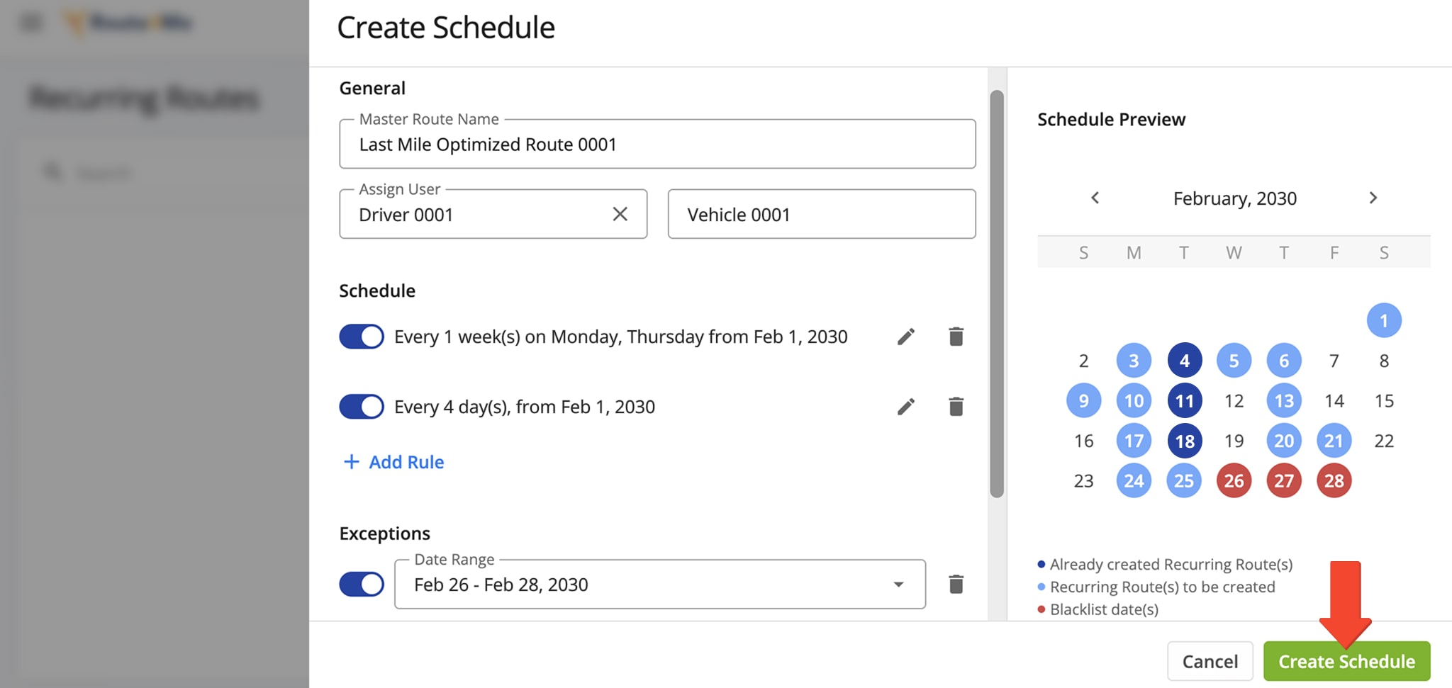 Use the Recurring Routes Schedule Editor to configure the schedule, complete all fields in the Editor Panel, and click 'Create Schedule' to finalize.