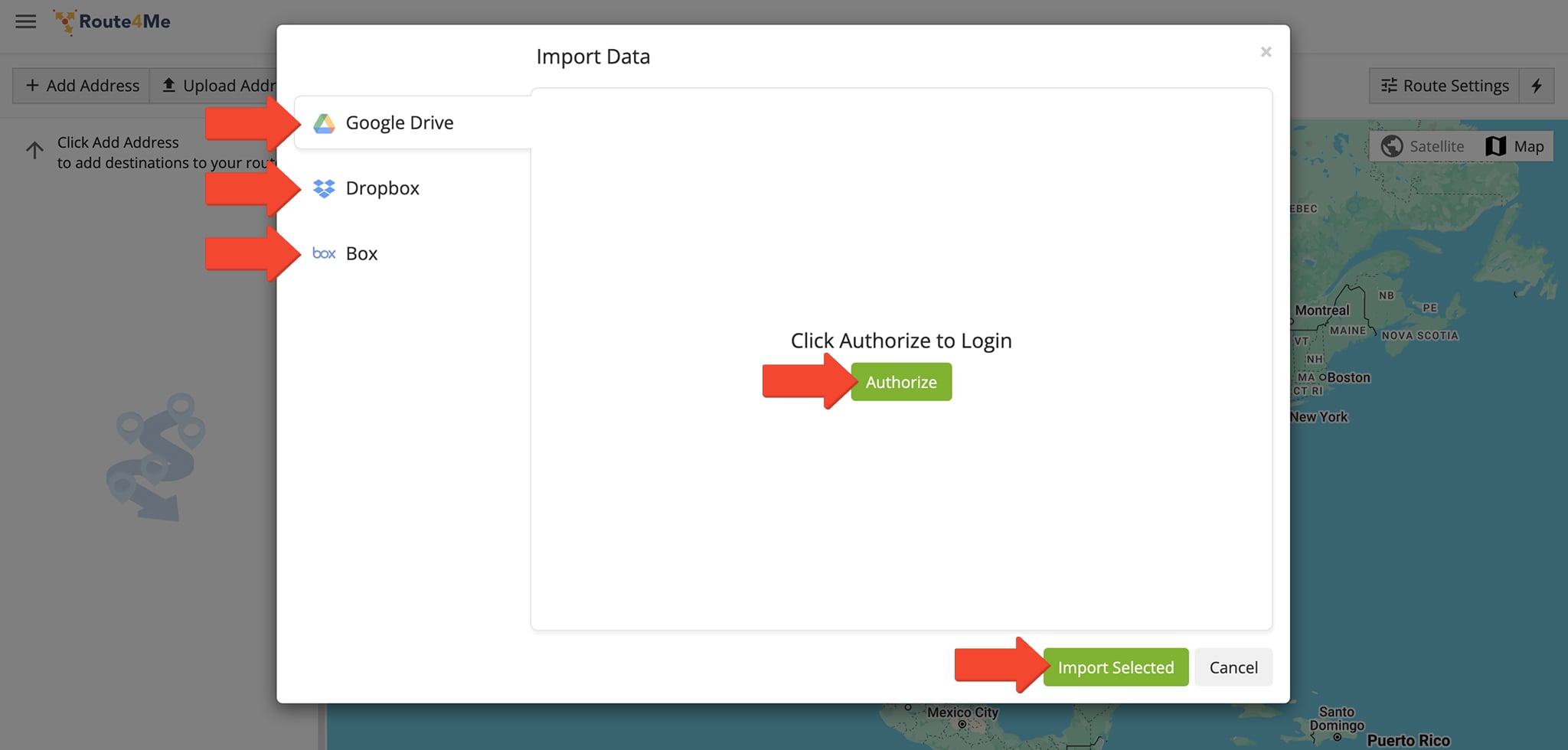 Import files with delivery addresses and GPS coordinates from cloud storage services.