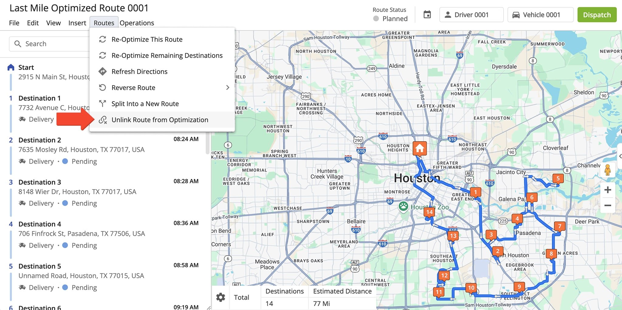 Unlink a route by selecting 'Route' in the Menu bar and then clicking 'Unlink Route from Optimization'.