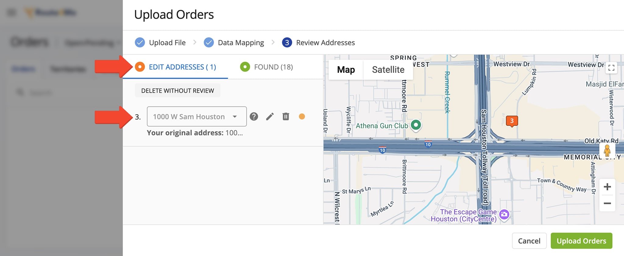 Verify and modify addresses when uploading orders, with options to standardize, edit, or delete addresses before finalizing the upload.