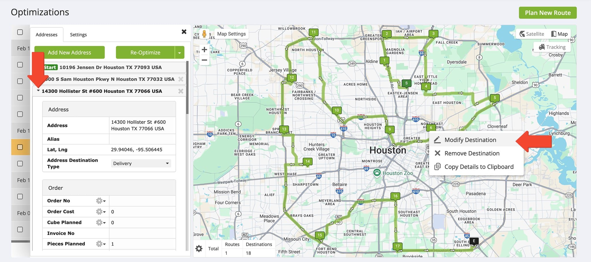 Edit addresses in the Optimization by expanding address details or right-clicking an address pin on the map to modify the destination.