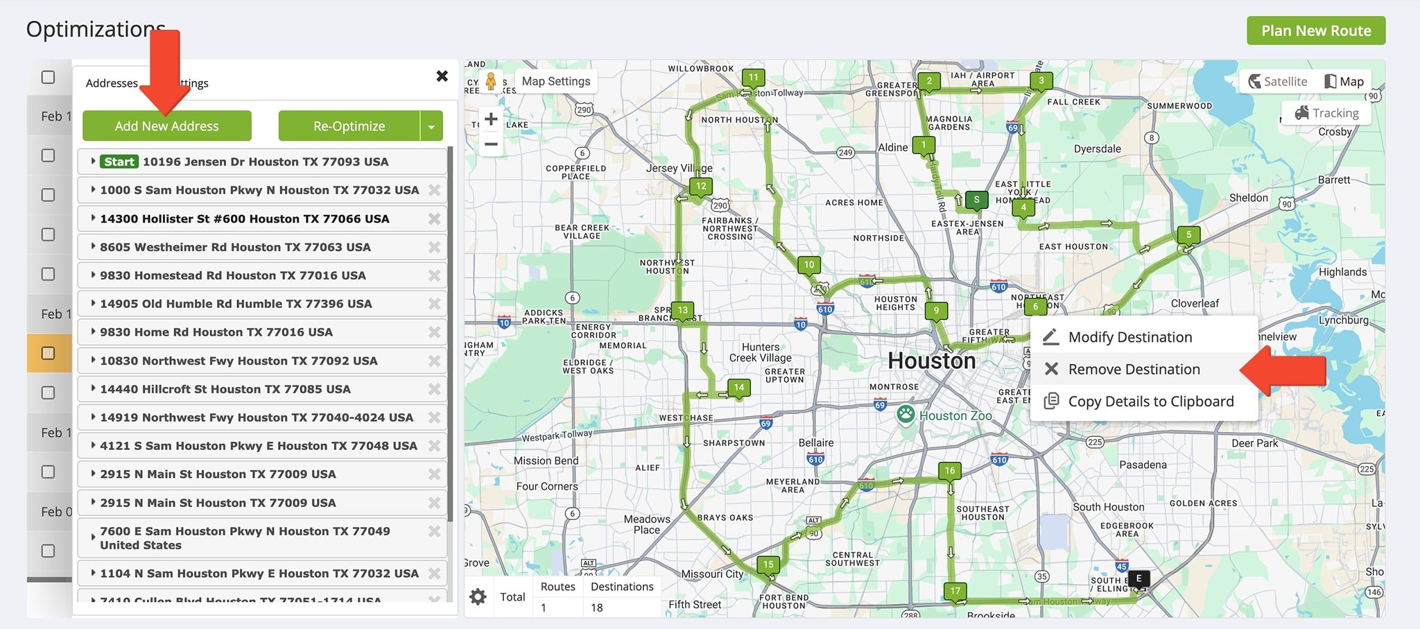 Add or delete addresses in the Addresses Tab by clicking 'Add New Address' or selecting 'Remove Destination' from the map or Address List.