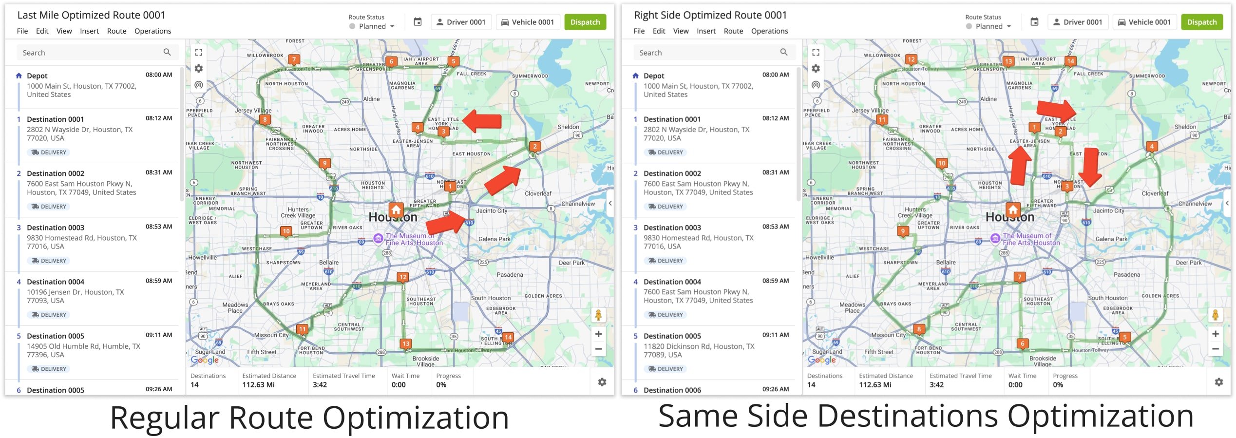 With Same Side Routing, you can plan and optimize routes with all destinations on one side of the road. This way, drivers and field workers won't have to park on the opposite side of a delivery or service destination and cross over on foot.