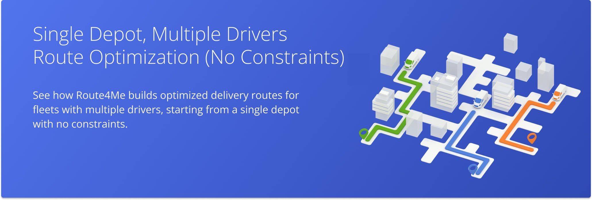 Route4Me simulation of optimized delivery routes for fleets with multiple drivers, starting from a single depot with no constraints.