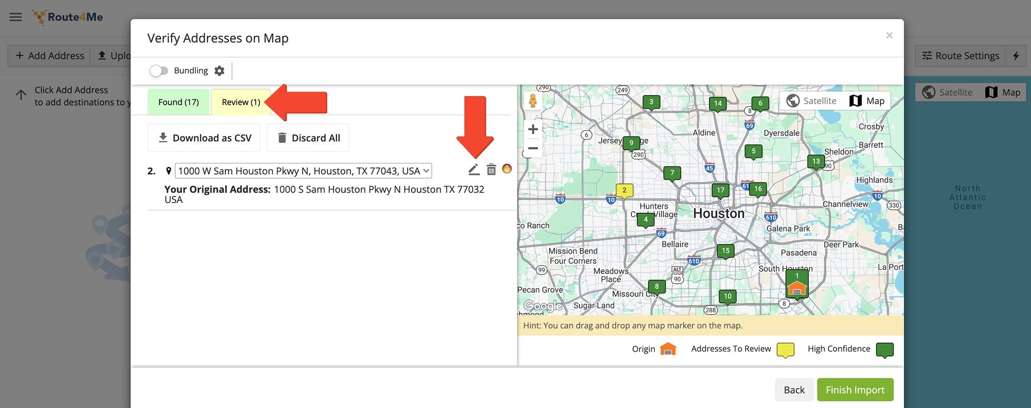 Review and modify geocoded addresses in Route4Me, with verified addresses in green and unverified ones in yellow for review and correction.