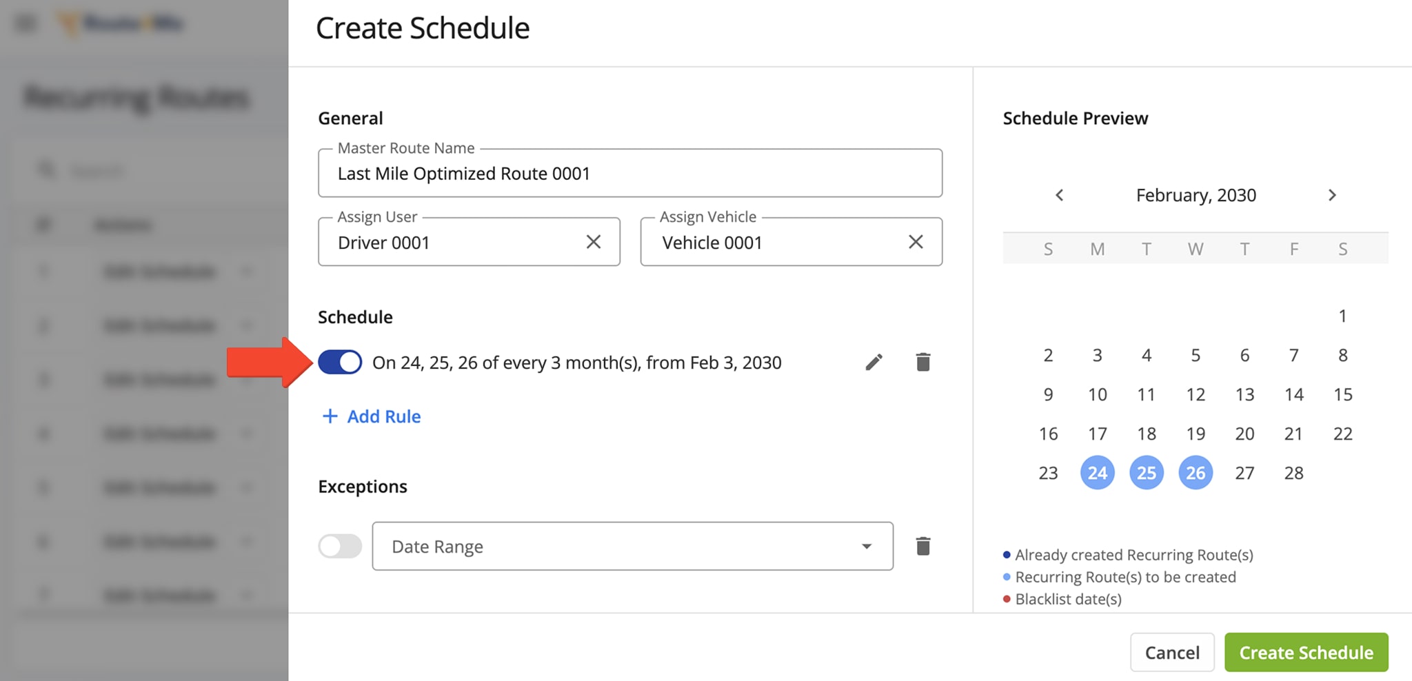 When creating Schedule rules, define how often a rule should be repeated.