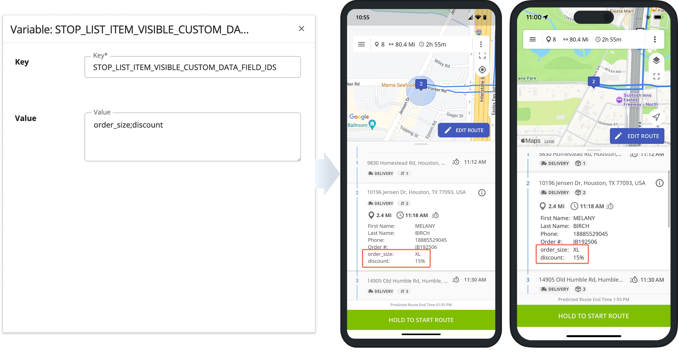 Once you've added Custom Data fields to the Advanced Configurations described above, they become instantly available Route4Me's Android and iPhone Route App.