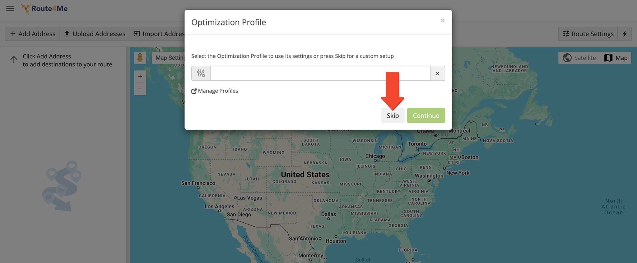 Click 'Skip' to manually customize your route and optimization settings.