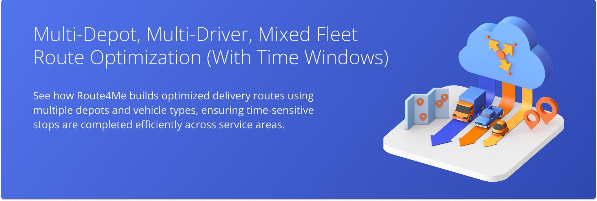 Route4Me simulation of optimized delivery routes using multiple depots and vehicle types, ensuring time-sensitive stops are completed efficiently.