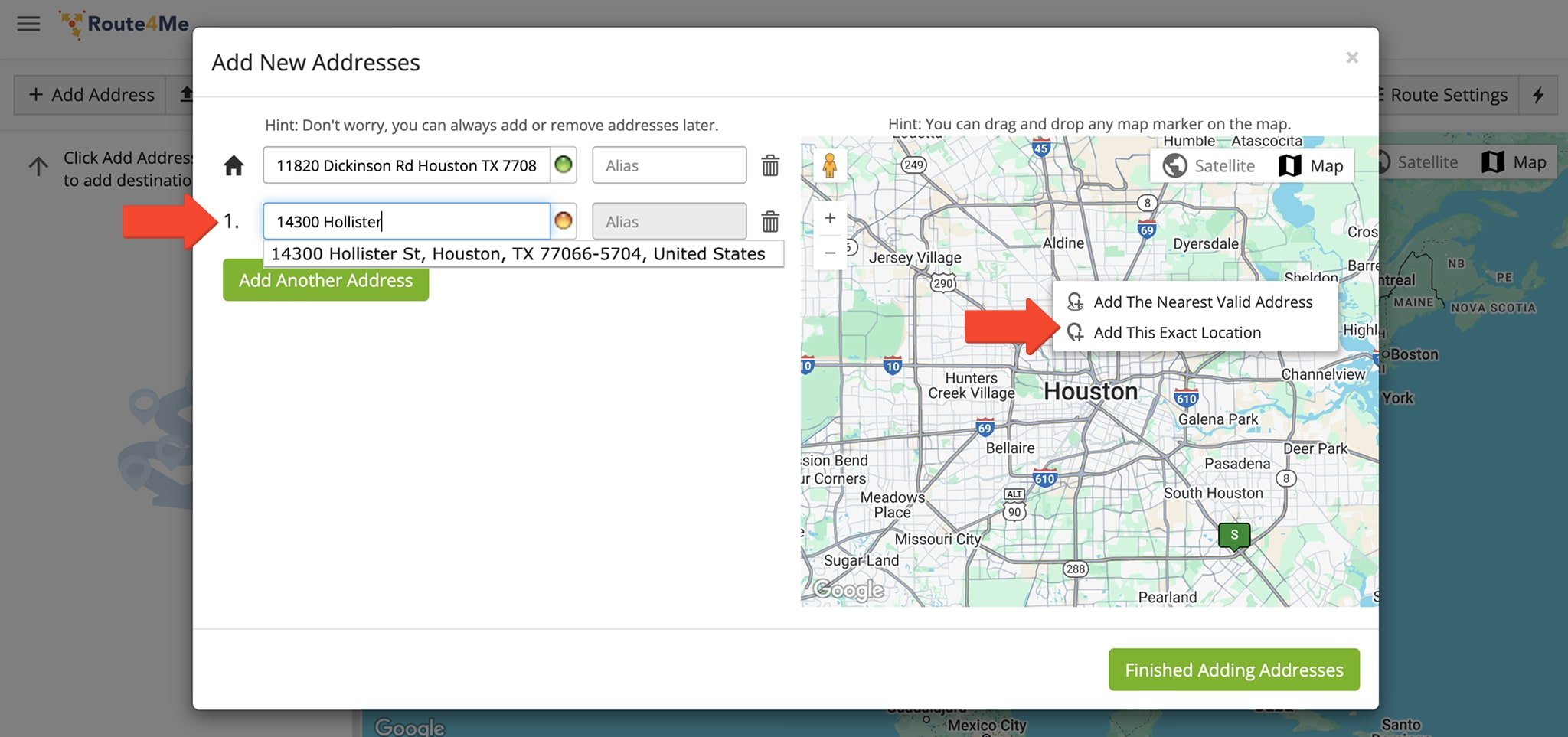 Route4Me’s Interactive Map Editor allows you to select addresses or coordinates from a map for precise route planning and optimization.