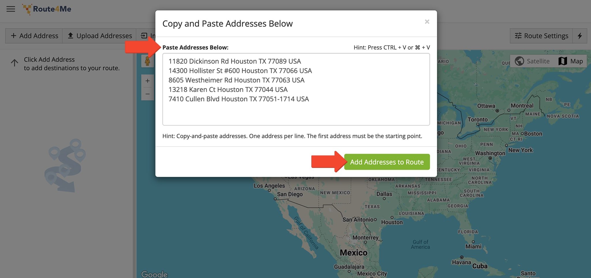 Plan multi-stop routes by pasting addresses from any source, with automatic processing and geocoding for optimization.