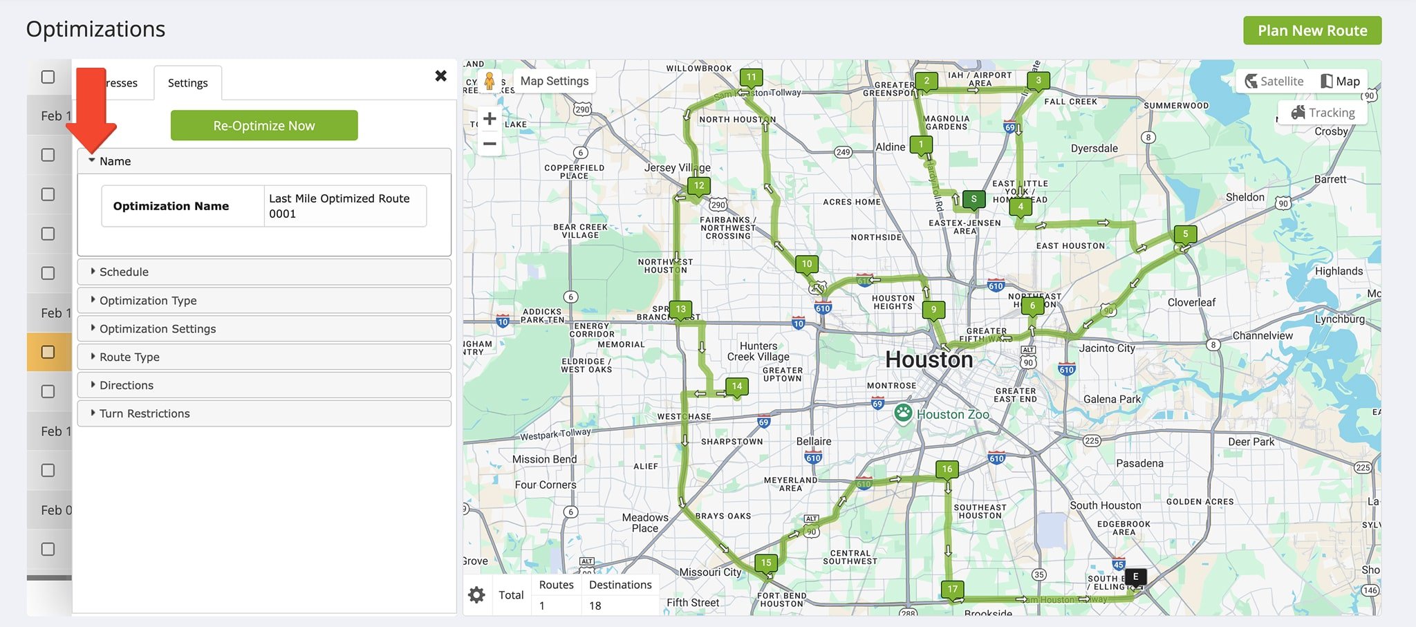 Modify Optimization settings in the Settings Tab by updating the Route Name, Optimization Type, and more.