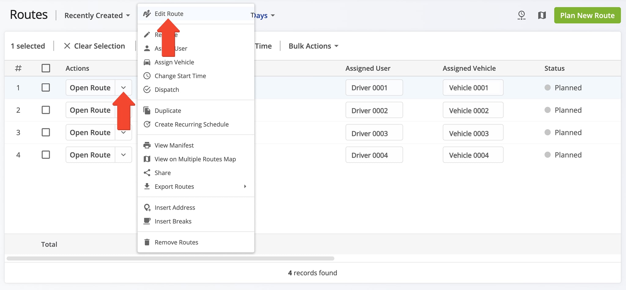 Unlink a route by clicking the Arrow button next to the route in the Routes List and selecting 'Edit Route'.