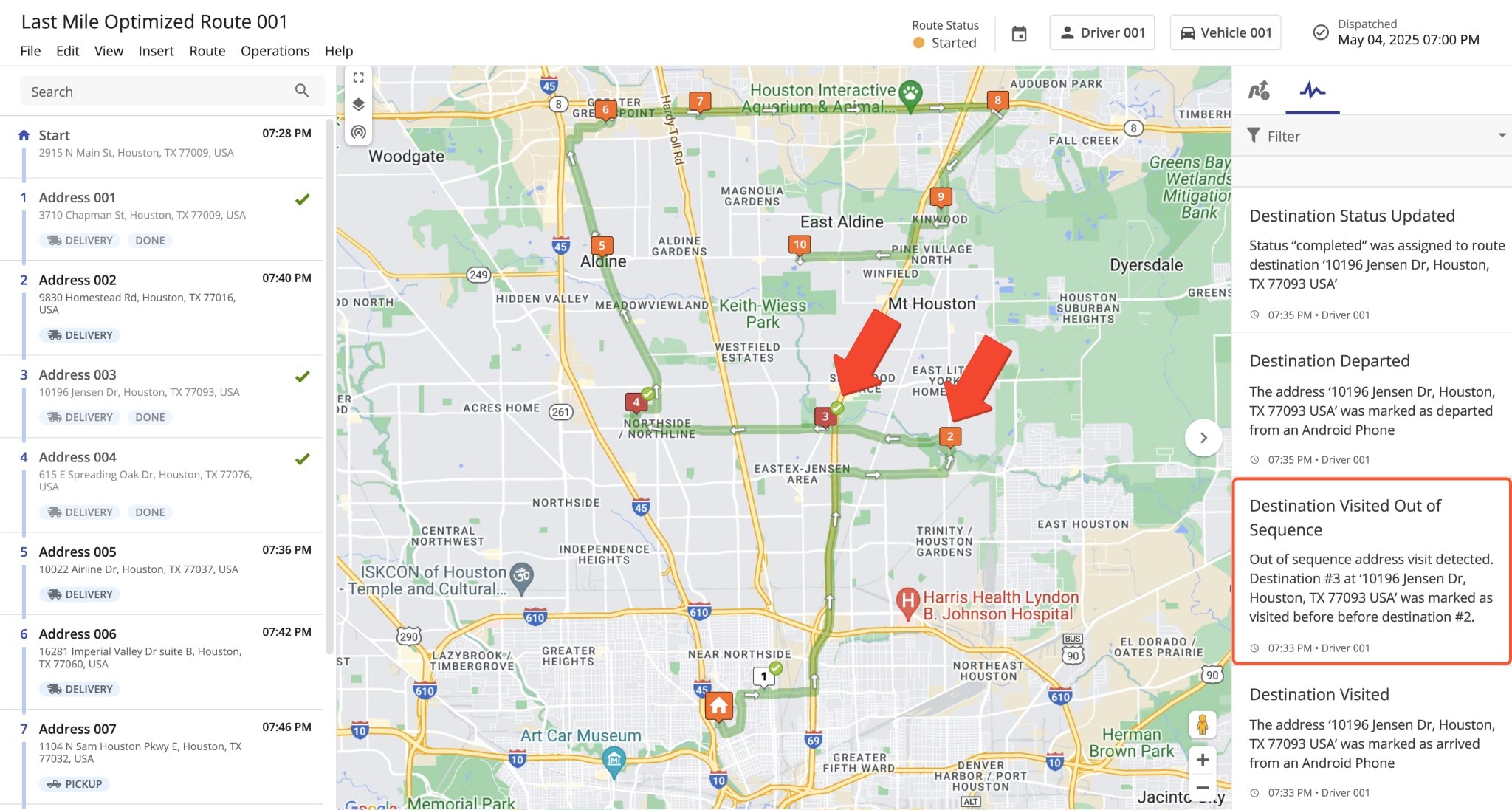 Route4Me enables you to easily track route compliance by seeing destinations visited out of sequence with corresponding notifications in the Activity Feed.