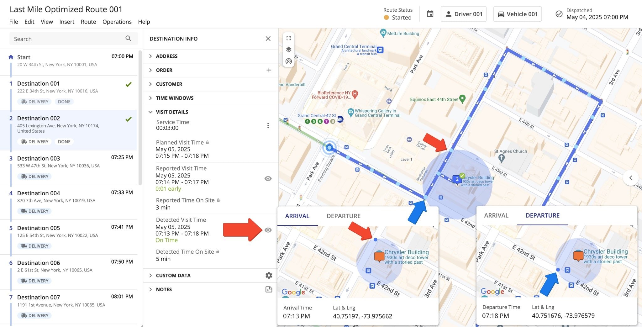 Route4Me uses Address Geofences to detect when and where users arrive at and depart from your customer destinations. Geofences are map areas around destination addresses that generate immutable 'Arrival Time' and 'Departure Time' timestamps.