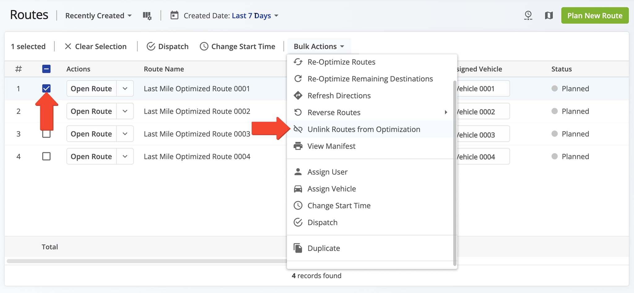 Unlink routes from your Routes List by selecting the 'Unlink Routes from Optimization' button.