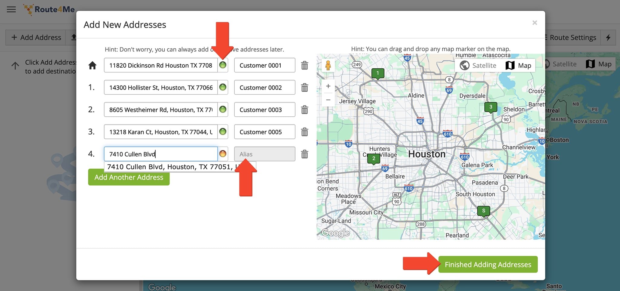 A green dot means an address is successfully geocoded, while yellow or red dots indicate addresses that need review.