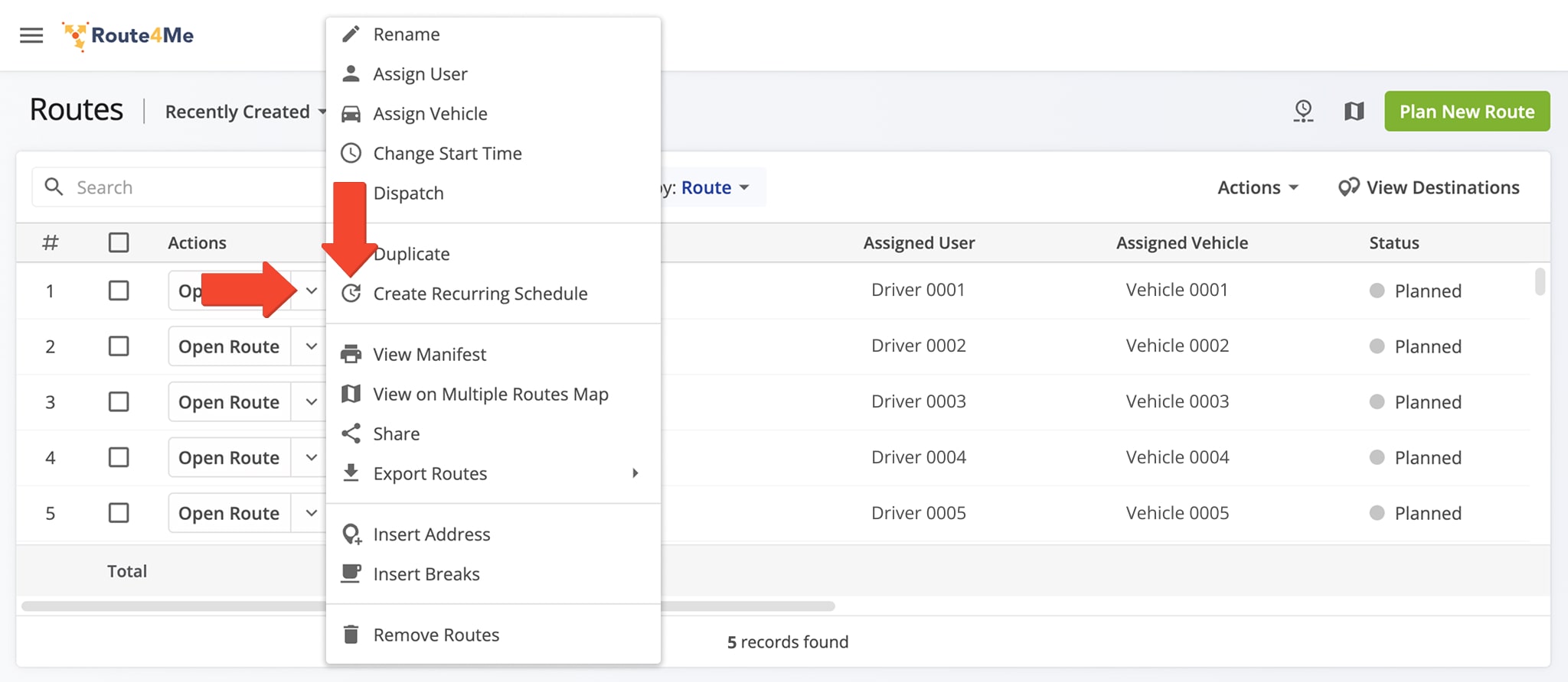 A Master Route serves as the template for generating Recurring Routes and is required for a Recurring Route Schedule.