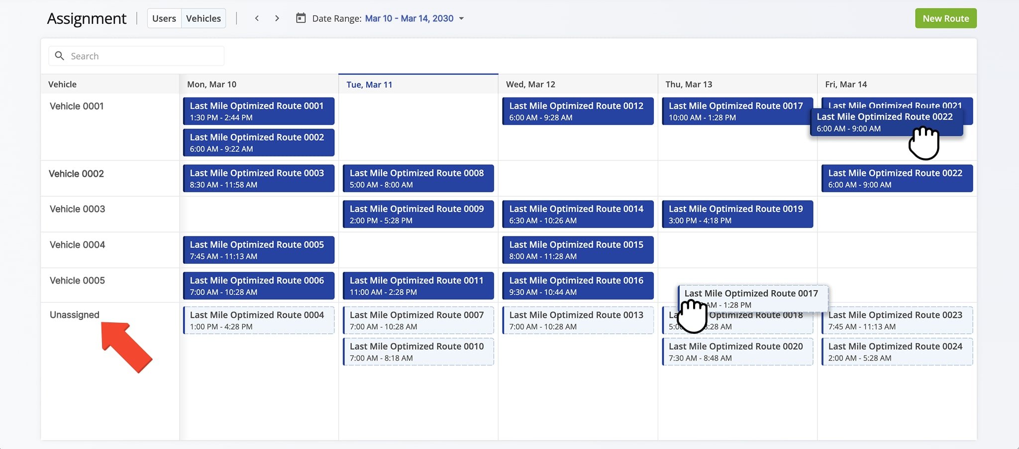 Unassigned vehicles can be dragged and dropped into a vehicle's schedule for assignment.