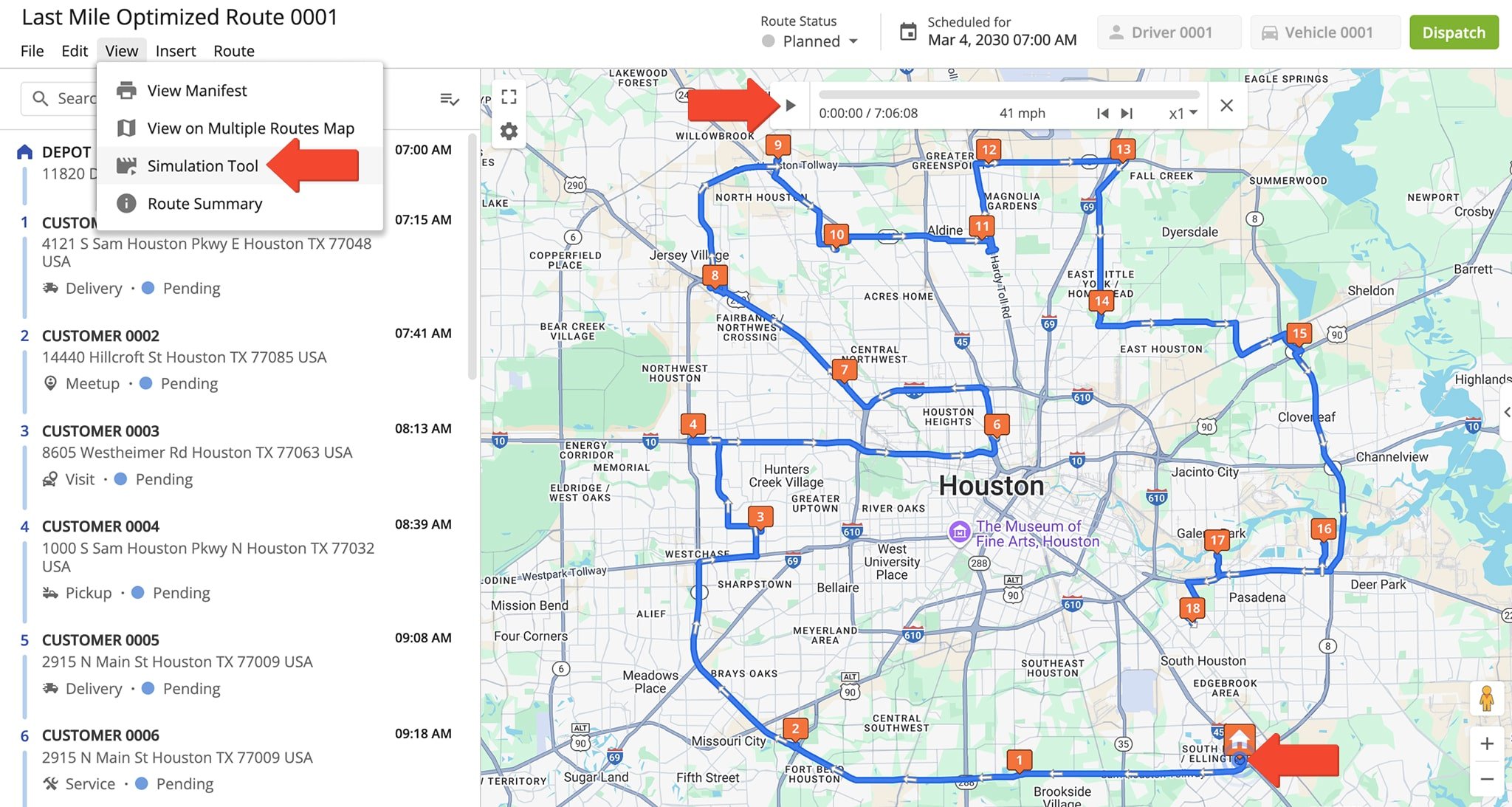 To simulate a route, open it in the Route Editor and select Simulation Tool under View in the top menu.