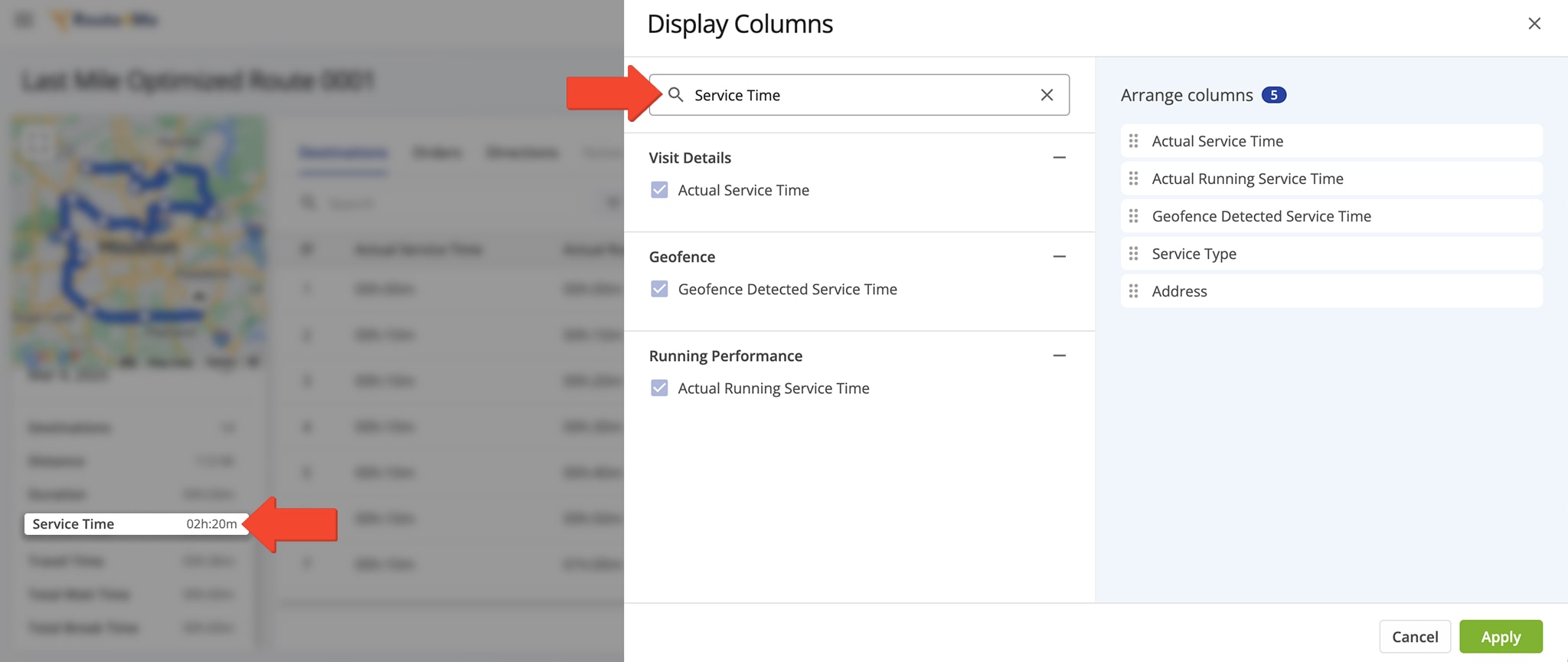 The Route Snapshot includes Service Time details along with an option to filter Data Columns for more detailed Service Time information.