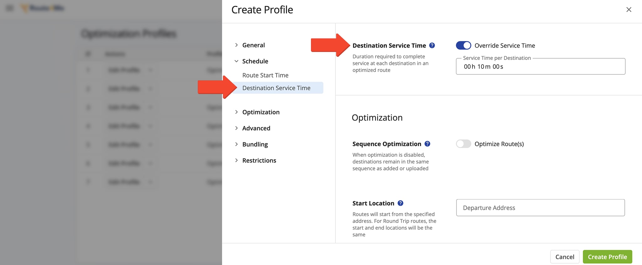 Toggle the 'Override Service Time' switch and enter a Service Time in the 'Service Time per Destination' field.