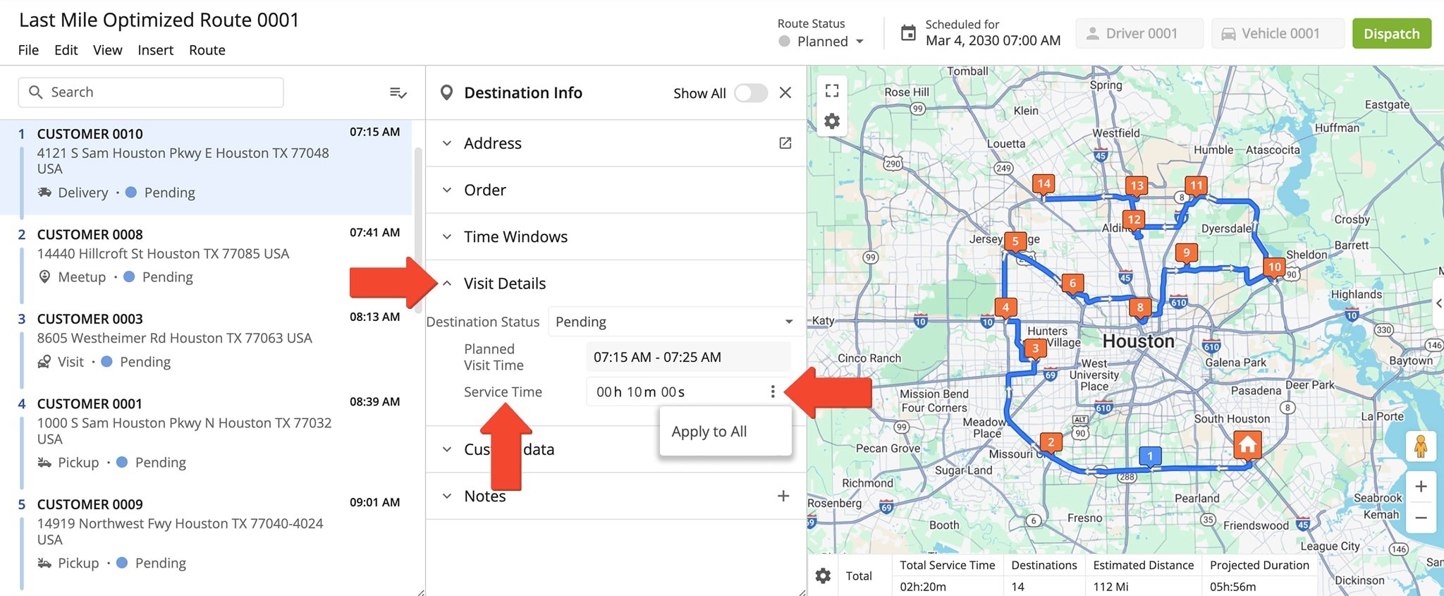 Open 'Visit Details' to manually adjust the Service Time field and apply the same Service Time specifications to all destinations using the Three-dot Icon.