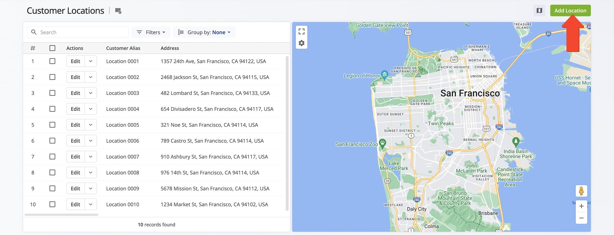 Click 'Customer Locations' to view all your Customer Locations and their data.