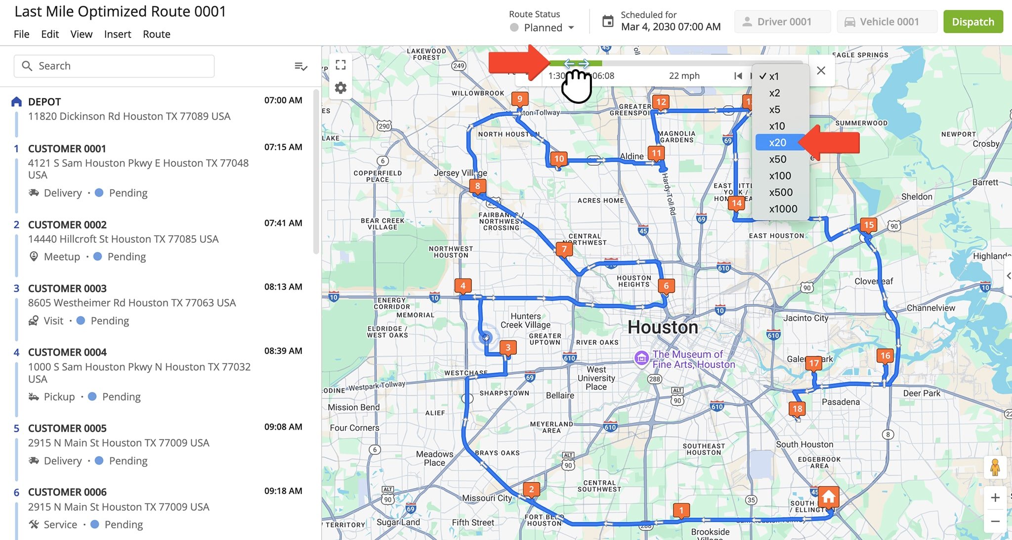 Routes simulate real-time driving but you can speed them up using the drop-down menu if the travel time is too long.