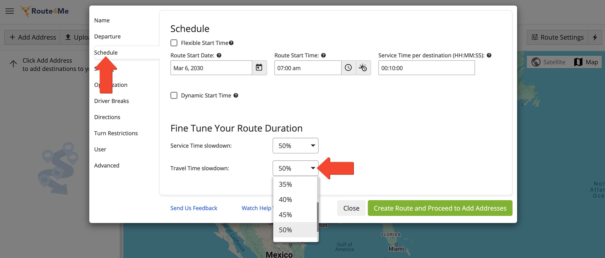 In the 'Schedule' tab, you'll find options to adjust Service Time and Travel Time Slowdowns using drop-down menus.