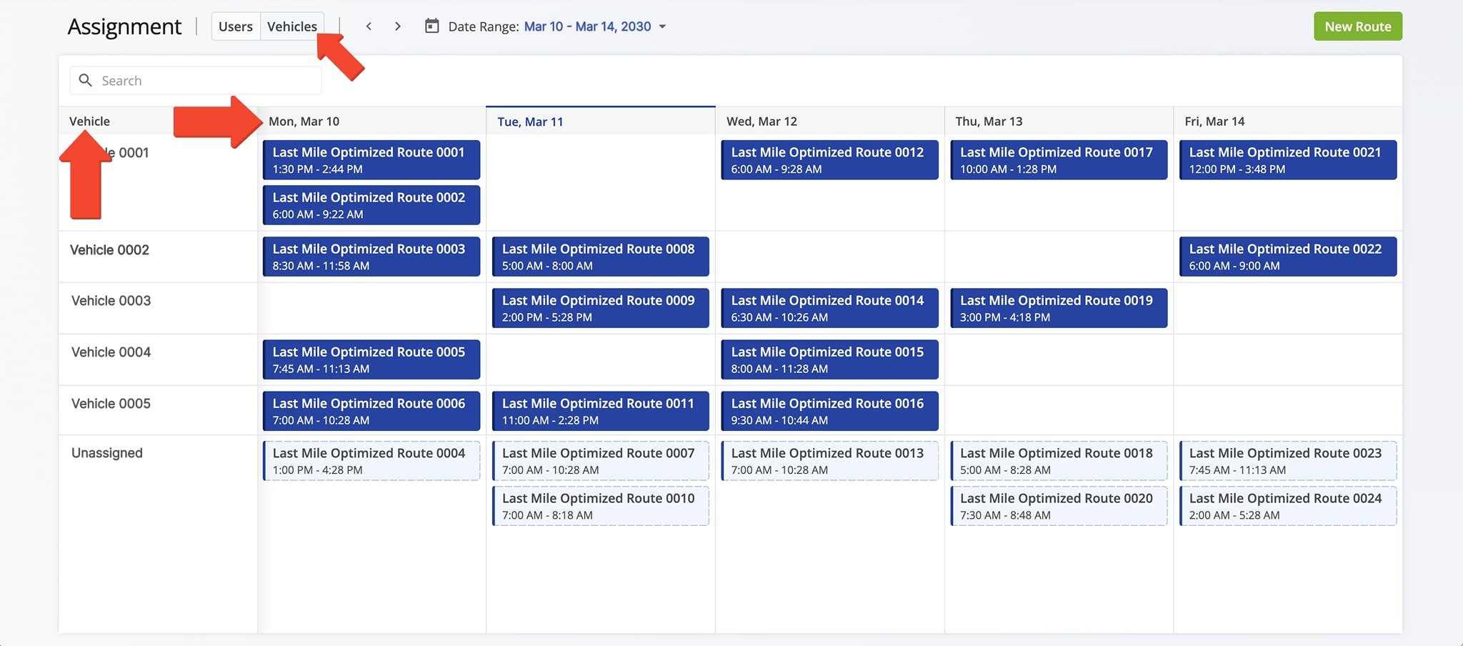 From the Assignment Dashboard, click the 'Vehicles' button to display a list of vehicles and their assigned routes.