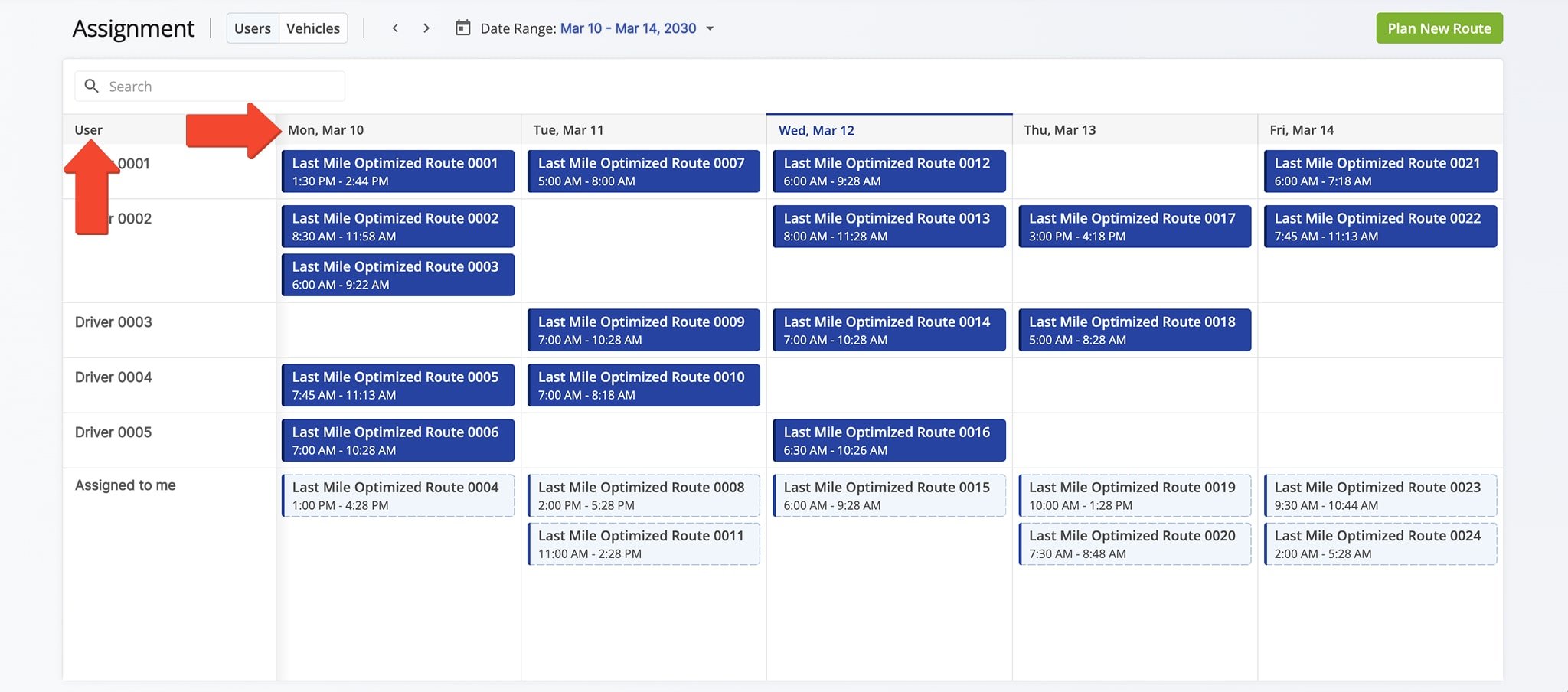 The Assignment Dashboard shows a list of users and their assigned routes, organized by date in a calendar view.