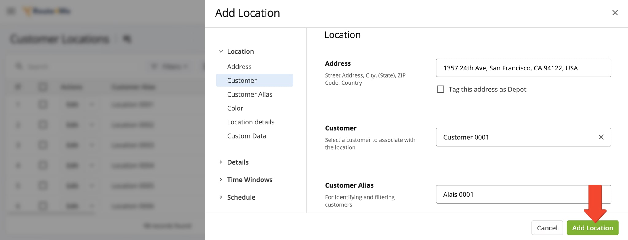 In the 'Add Locations' panel, enter the requested data in each field and click the 'Add Location' button to finalize.