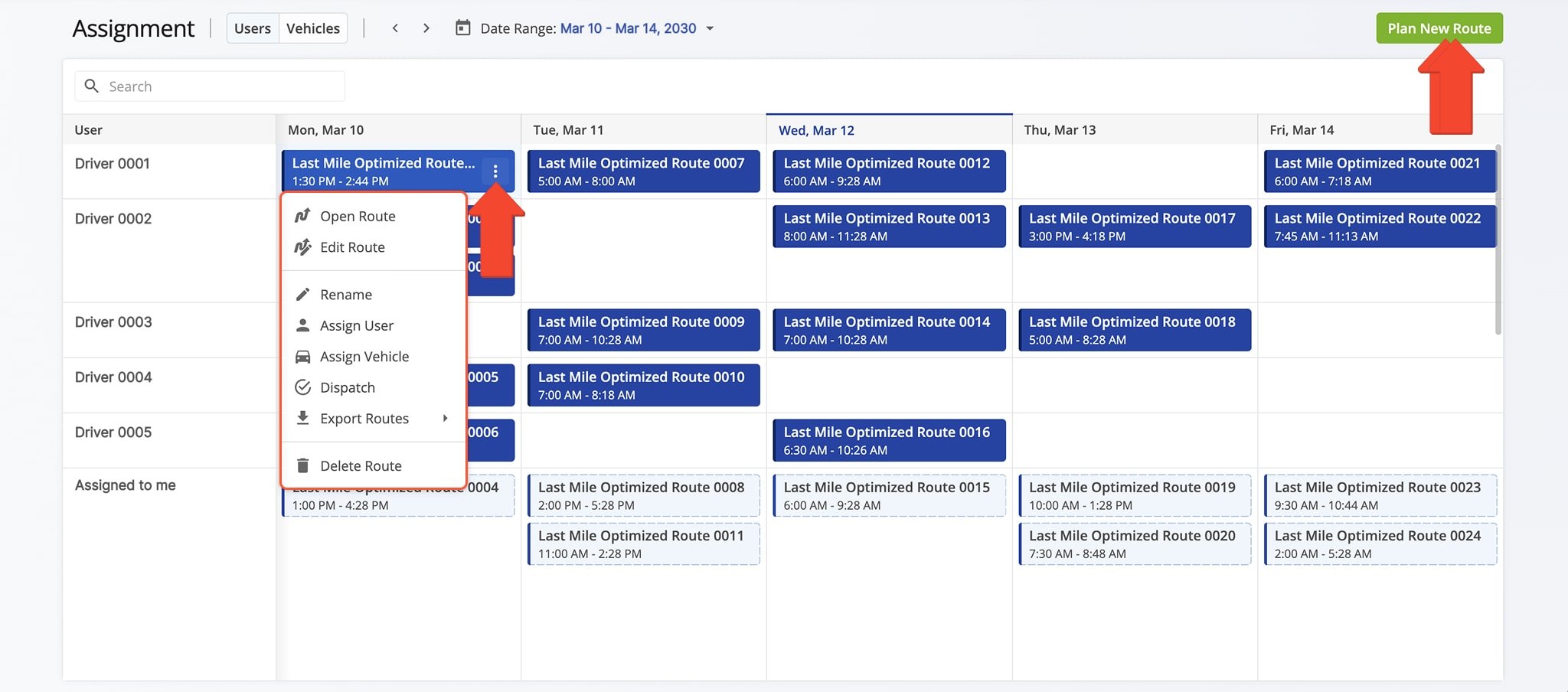 Edit routes and perform various actions when you click the Three-dot Icon next to a route name.