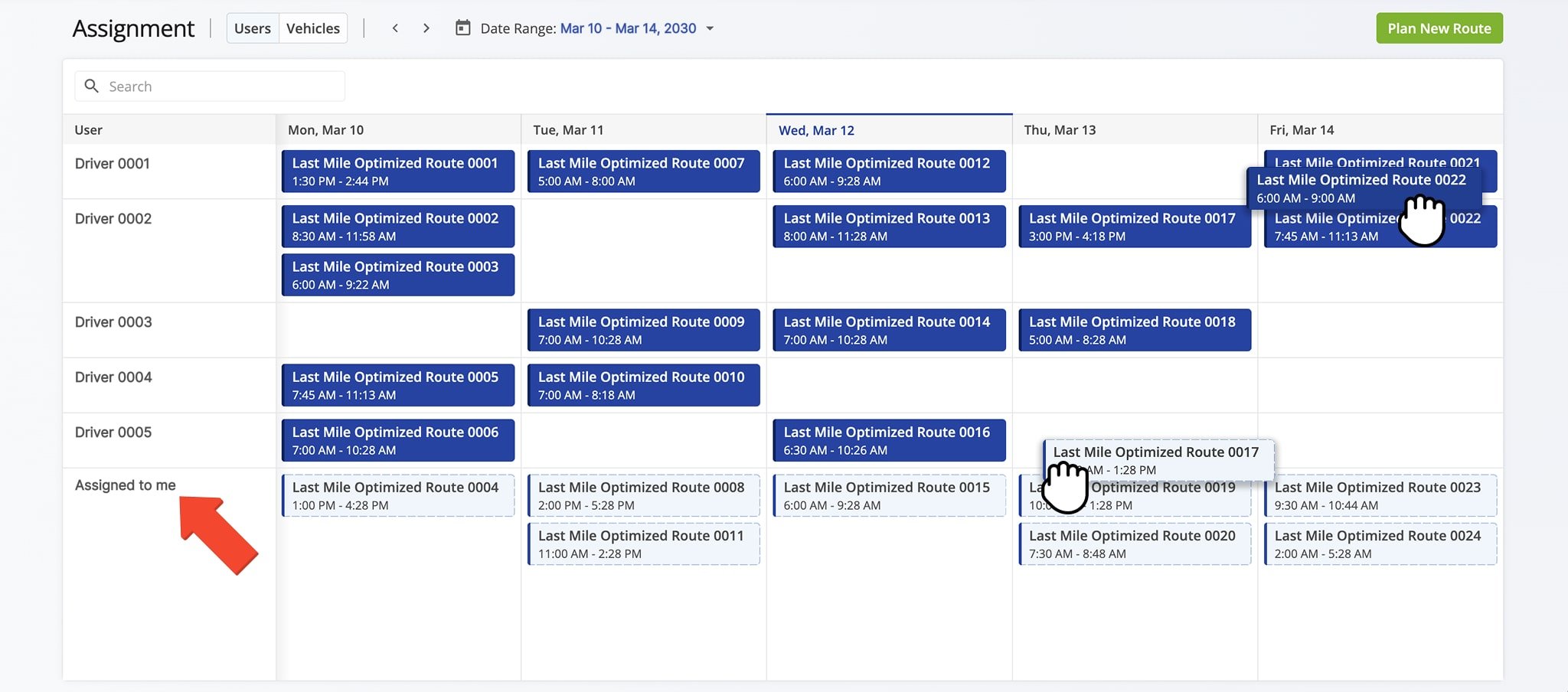 Unassigned routes can be dragged and dropped into a user's schedule for assignment.