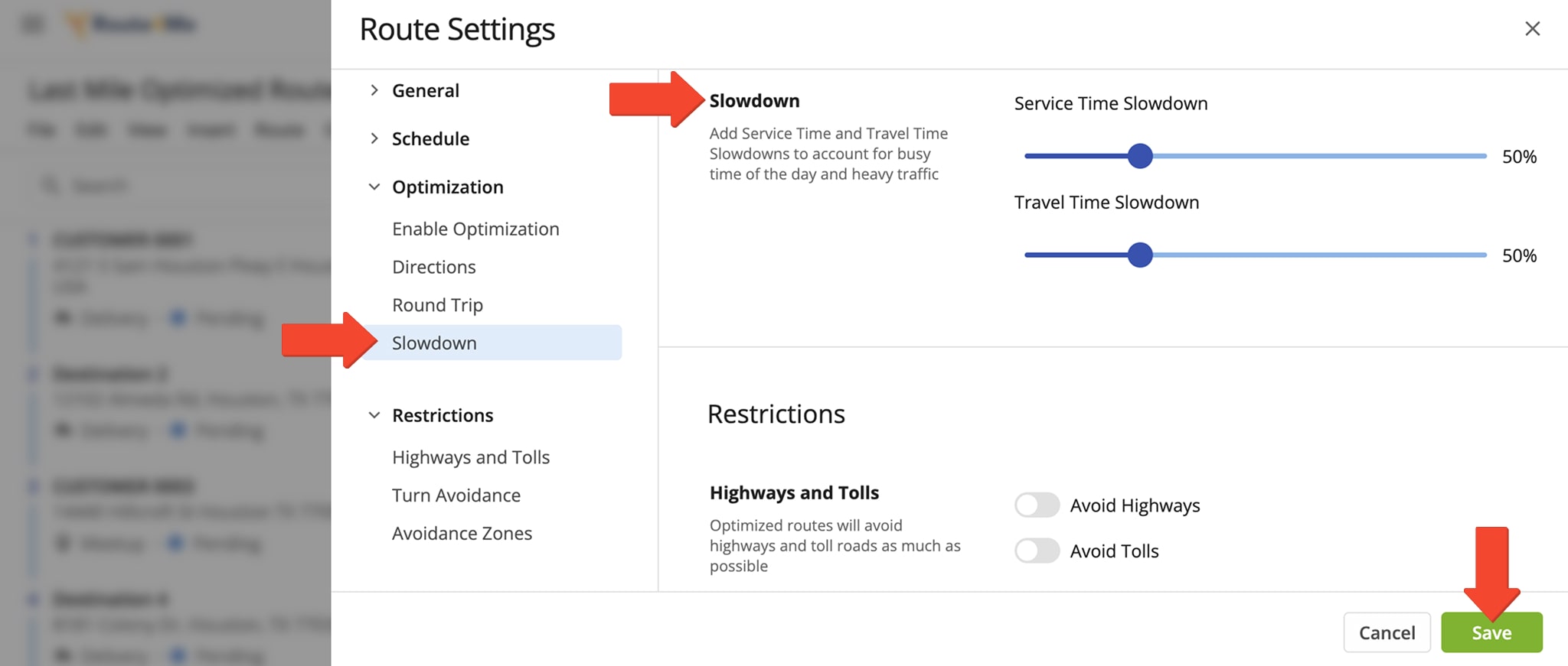 Use sliders to fine-tune Service Time and Travel Time Slowdowns for more precise and efficient route planning.