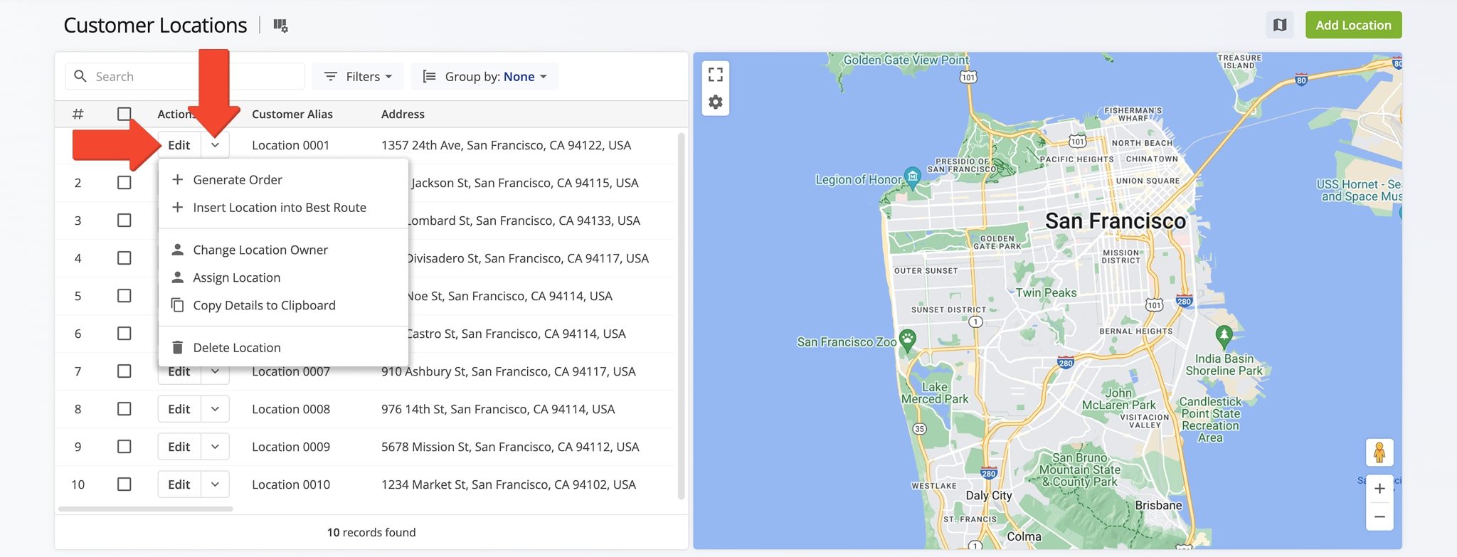 To modify a Customer Location, click the 'Edit' button or the Down Arrow to access additional actions.