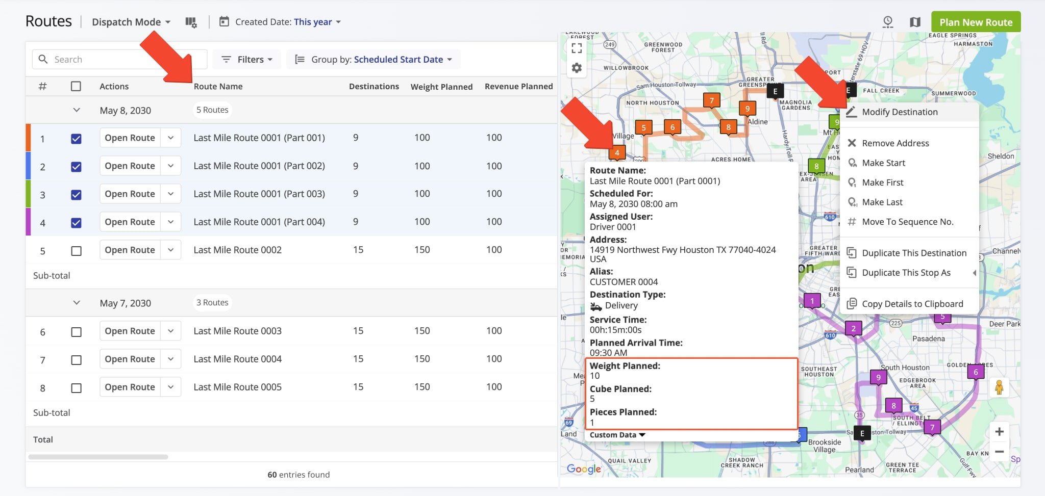 Route4Me automatically creates routes based on your constraints. If multiple routes are planned, they are displayed in the Routes Map, each labeled with a Part number to indicate its sequence.