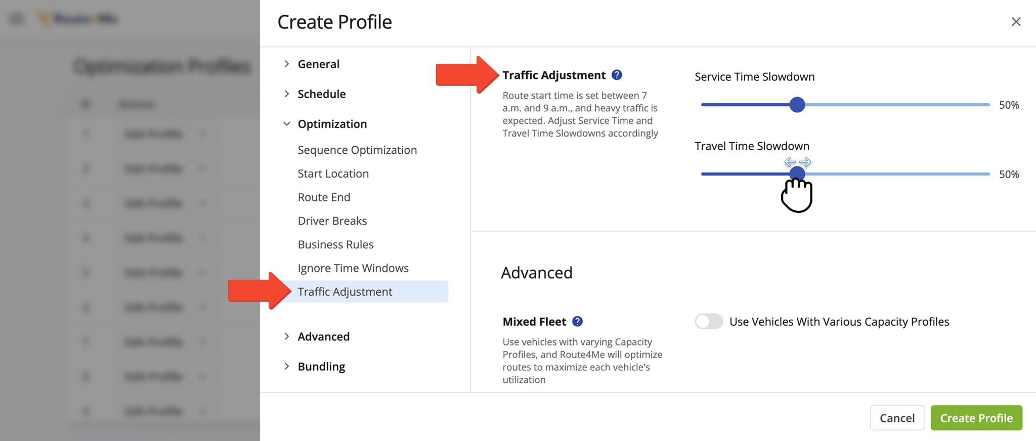 Use the sliders to modify Service Time and Travel Time Slowdowns when route planning.